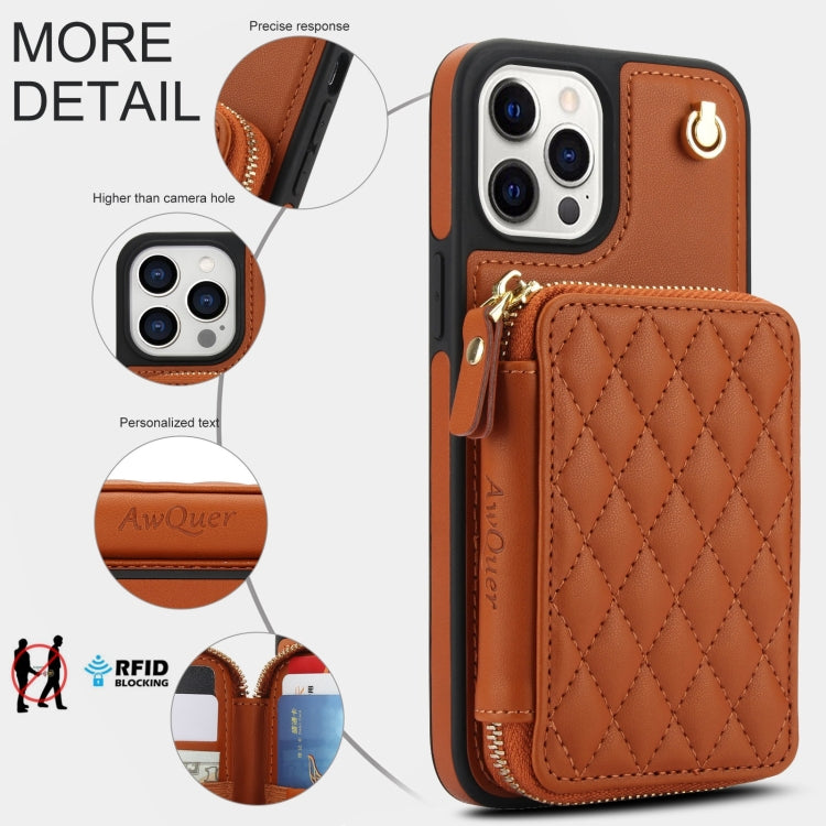 For iPhone 15 Pro AwQuer Crossbody Zipper Wallet Rhombic Leather Back Phone Case(Brown) by Awquer