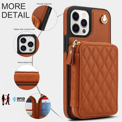 For iPhone 15 Pro AwQuer Crossbody Zipper Wallet Rhombic Leather Back Phone Case(Brown) by Awquer