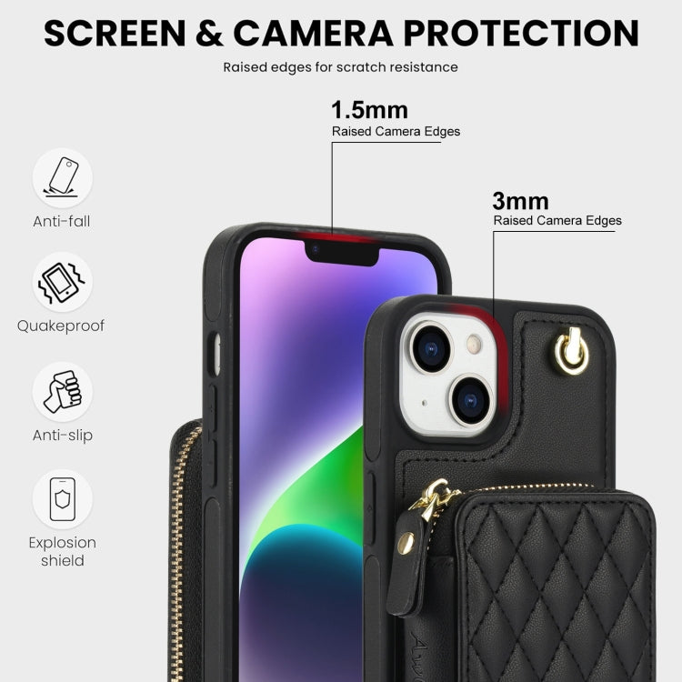 For iPhone 15 Plus AwQuer Crossbody Zipper Wallet Rhombic Leather Back Phone Case(Black) by Awquer