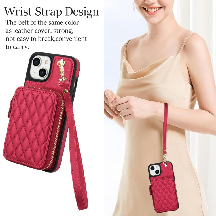 For iPhone 15 Plus AwQuer Crossbody Zipper Wallet Rhombic Leather Back Phone Case(Red) by Awquer