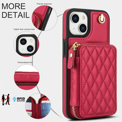 For iPhone 15 Plus AwQuer Crossbody Zipper Wallet Rhombic Leather Back Phone Case(Red) by Awquer
