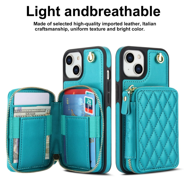 For iPhone 15 Plus AwQuer Crossbody Zipper Wallet Rhombic Leather Back Phone Case(Green) by Awquer