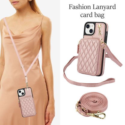 For iPhone 15 Plus AwQuer Crossbody Zipper Wallet Rhombic Leather Back Phone Case(Rose Gold) by Awquer