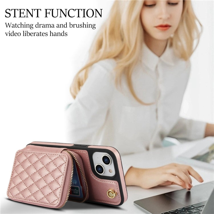 For iPhone 15 Plus AwQuer Crossbody Zipper Wallet Rhombic Leather Back Phone Case(Rose Gold) by Awquer