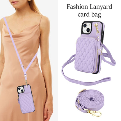 For iPhone 15 Plus AwQuer Crossbody Zipper Wallet Rhombic Leather Back Phone Case(Purple) by Awquer