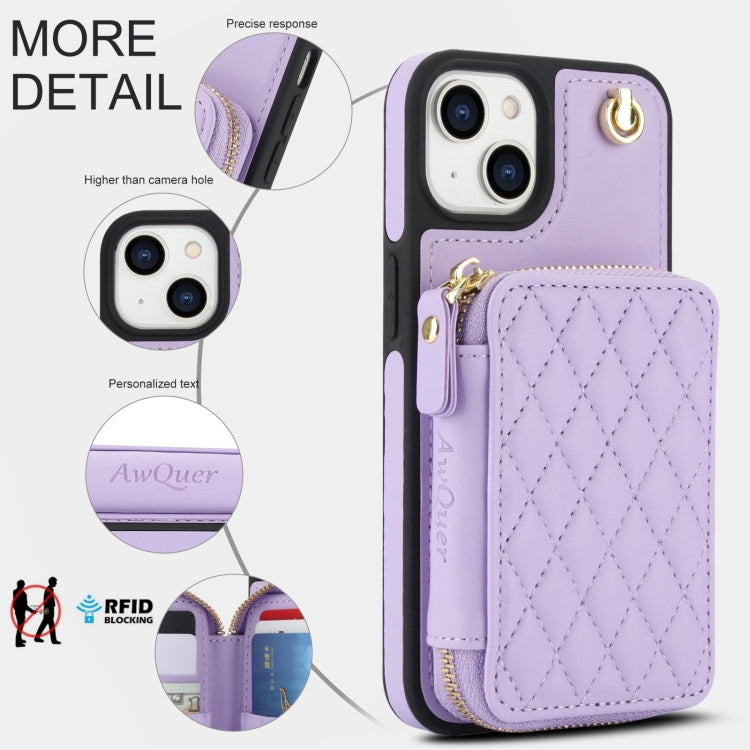 For iPhone 15 Plus AwQuer Crossbody Zipper Wallet Rhombic Leather Back Phone Case(Purple) by Awquer