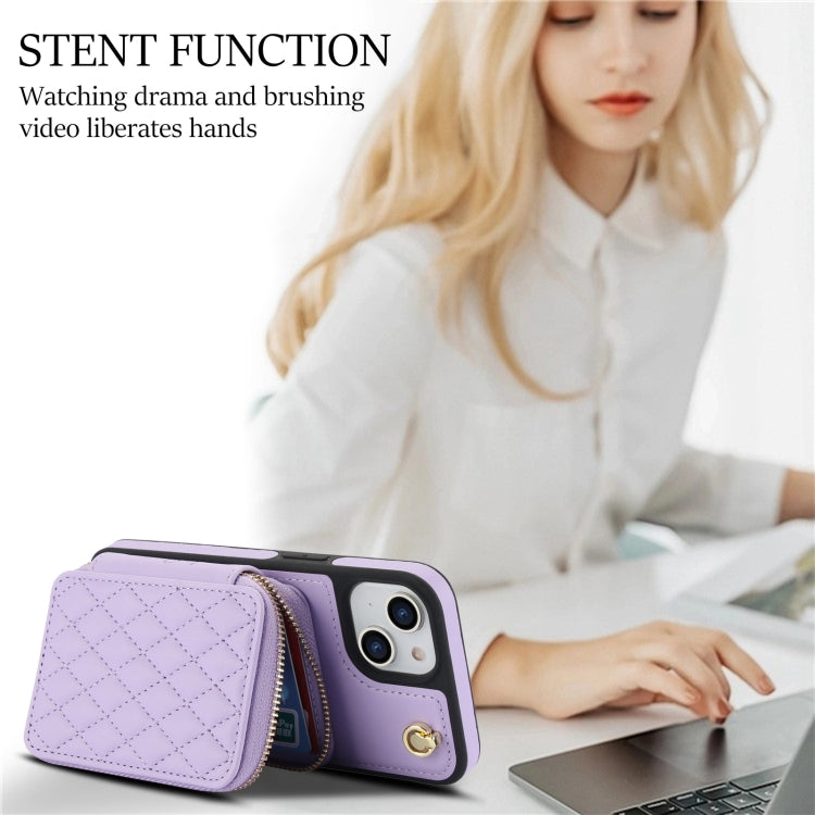 For iPhone 15 Plus AwQuer Crossbody Zipper Wallet Rhombic Leather Back Phone Case(Purple) by Awquer