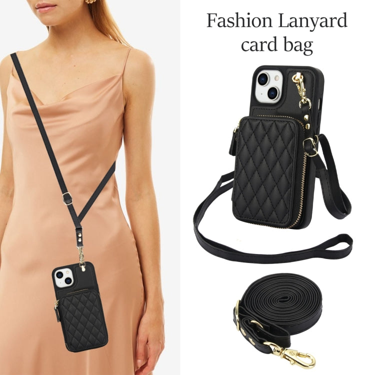 For iPhone 15 AwQuer Crossbody Zipper Wallet Rhombic Leather Back Phone Case(Black) by Awquer