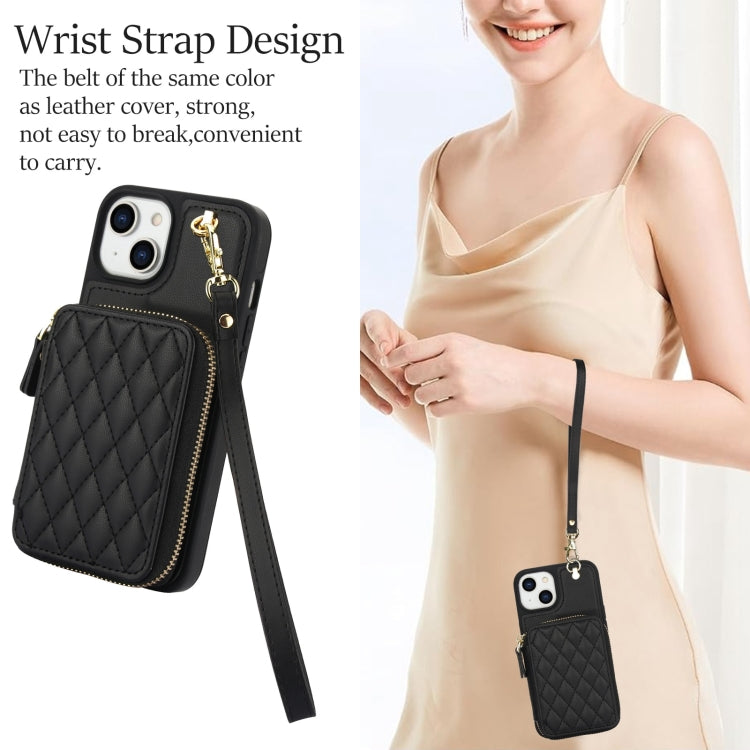 For iPhone 15 AwQuer Crossbody Zipper Wallet Rhombic Leather Back Phone Case(Black) by Awquer