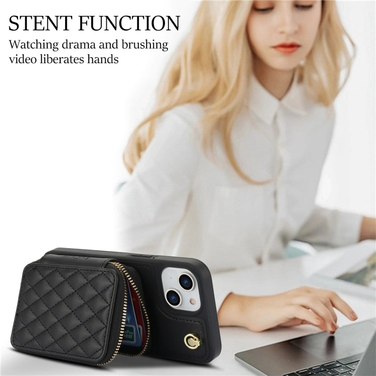 For iPhone 15 AwQuer Crossbody Zipper Wallet Rhombic Leather Back Phone Case(Black) by Awquer