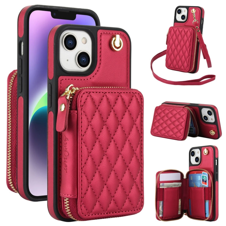 For iPhone 15 AwQuer Crossbody Zipper Wallet Rhombic Leather Back Phone Case(Red) by Awquer