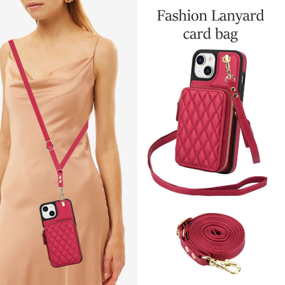 For iPhone 15 AwQuer Crossbody Zipper Wallet Rhombic Leather Back Phone Case(Red) by Awquer