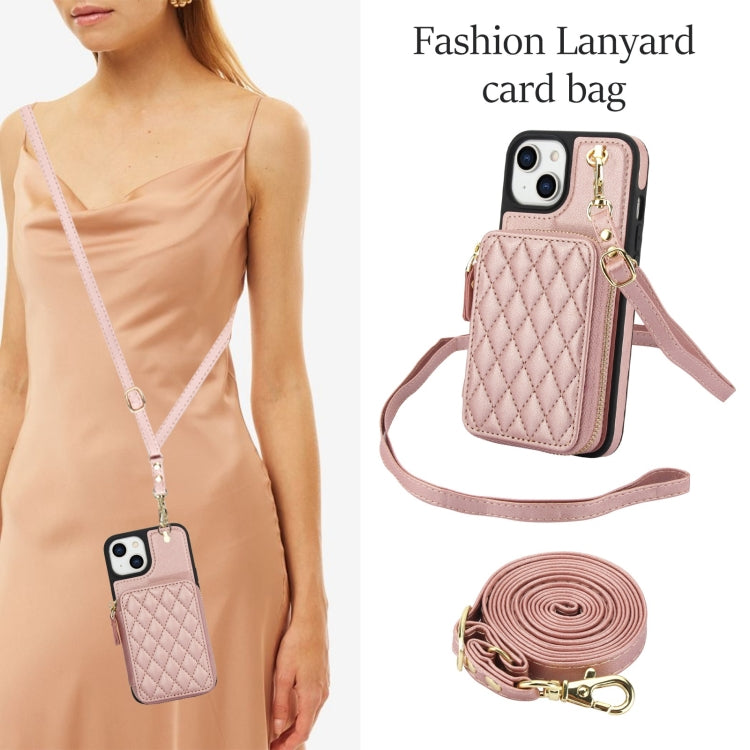 For iPhone 15 AwQuer Crossbody Zipper Wallet Rhombic Leather Back Phone Case(Rose Gold) by Awquer