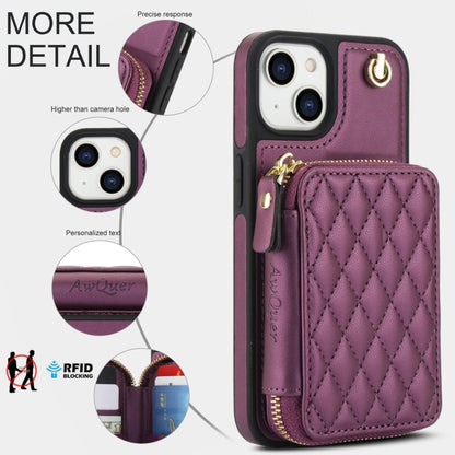 For iPhone 15 AwQuer Crossbody Zipper Wallet Rhombic Leather Back Phone Case(Dark Purple) by Awquer