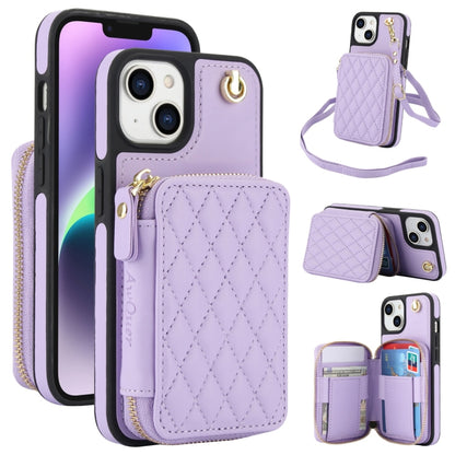 For iPhone 15 AwQuer Crossbody Zipper Wallet Rhombic Leather Back Phone Case(Purple) by Awquer