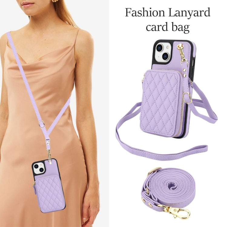 For iPhone 15 AwQuer Crossbody Zipper Wallet Rhombic Leather Back Phone Case(Purple) by Awquer
