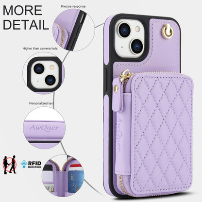 For iPhone 15 AwQuer Crossbody Zipper Wallet Rhombic Leather Back Phone Case(Purple) by Awquer