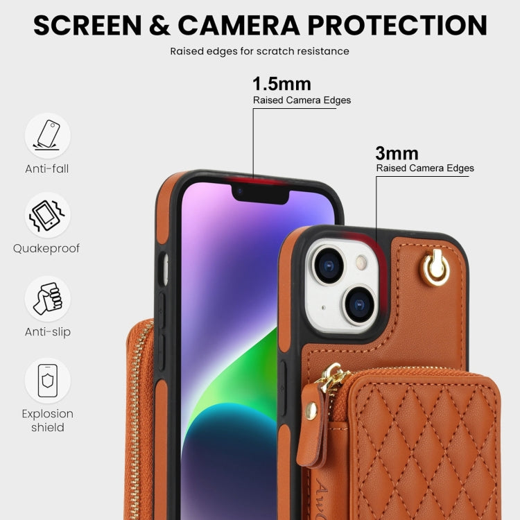 For iPhone 15 AwQuer Crossbody Zipper Wallet Rhombic Leather Back Phone Case(Brown) by Awquer