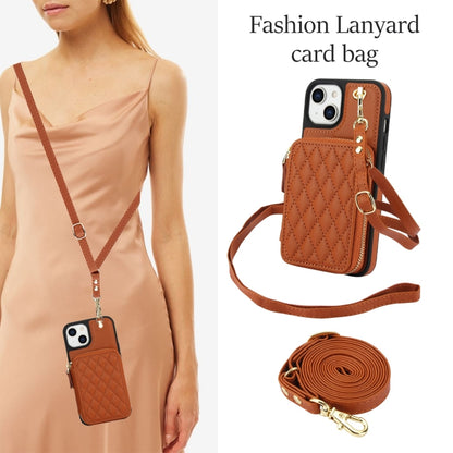 For iPhone 15 AwQuer Crossbody Zipper Wallet Rhombic Leather Back Phone Case(Brown) by Awquer