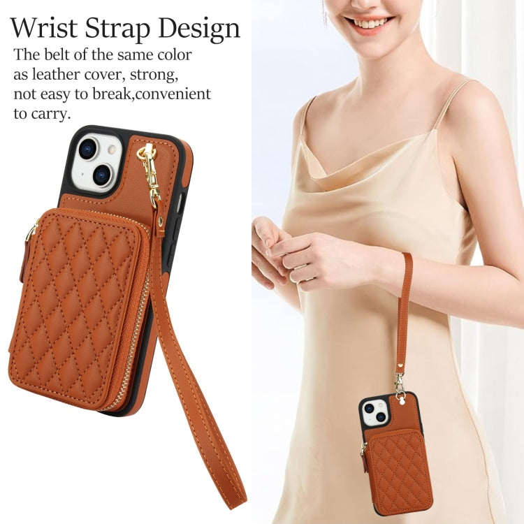 For iPhone 15 AwQuer Crossbody Zipper Wallet Rhombic Leather Back Phone Case(Brown) by Awquer