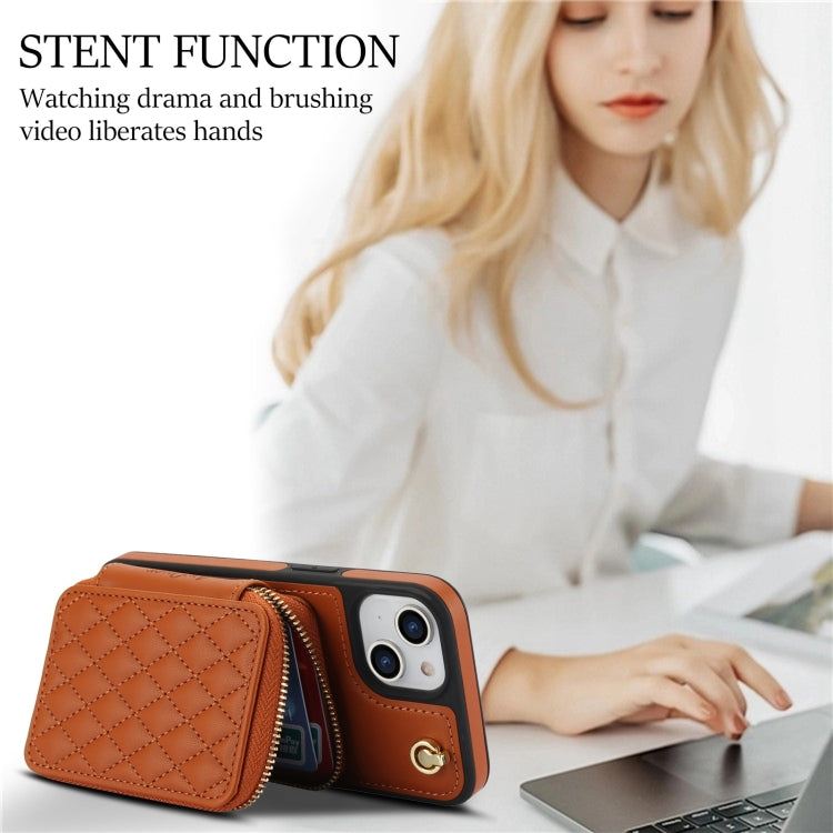 For iPhone 15 AwQuer Crossbody Zipper Wallet Rhombic Leather Back Phone Case(Brown) by Awquer