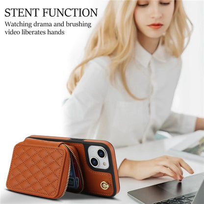 For iPhone 15 AwQuer Crossbody Zipper Wallet Rhombic Leather Back Phone Case(Brown) by Awquer