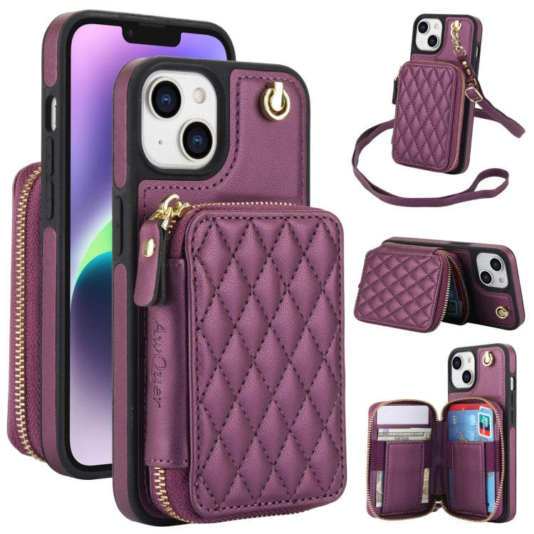 For iPhone 14 Plus AwQuer Crossbody Zipper Wallet Rhombic Leather Back Phone Case(Dark Purple) by Awquer
