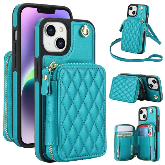 For iPhone 14 / 13 AwQuer Crossbody Zipper Wallet Rhombic Leather Back Phone Case(Green) by Awquer