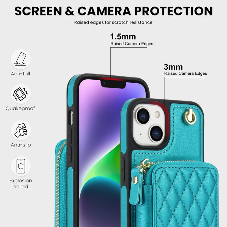 For iPhone 14 / 13 AwQuer Crossbody Zipper Wallet Rhombic Leather Back Phone Case(Green) by Awquer