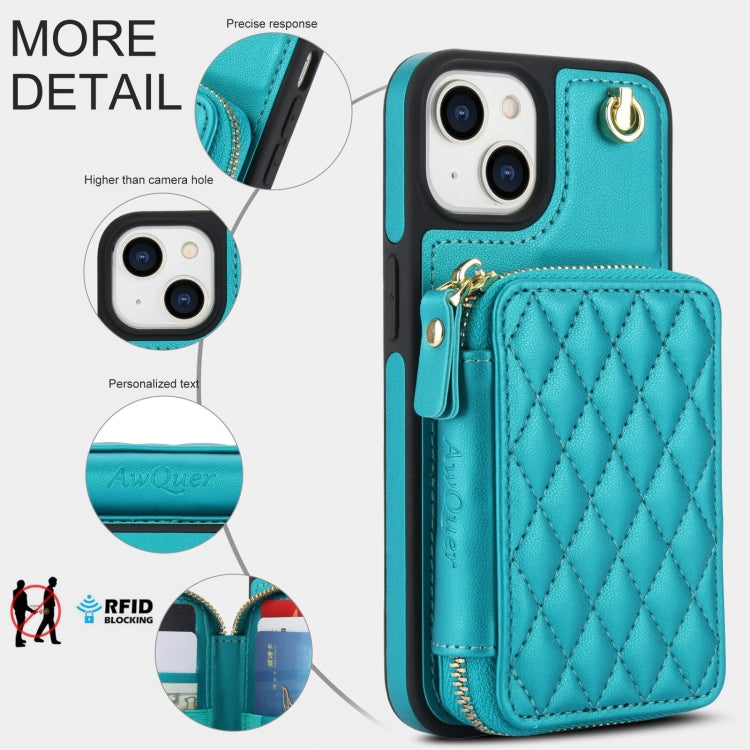 For iPhone 14 / 13 AwQuer Crossbody Zipper Wallet Rhombic Leather Back Phone Case(Green) by Awquer