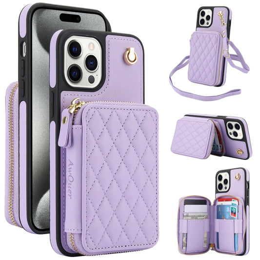 For iPhone 14 Pro Max AwQuer Crossbody Zipper Wallet Rhombic Leather Back Phone Case(Purple) by Awquer
