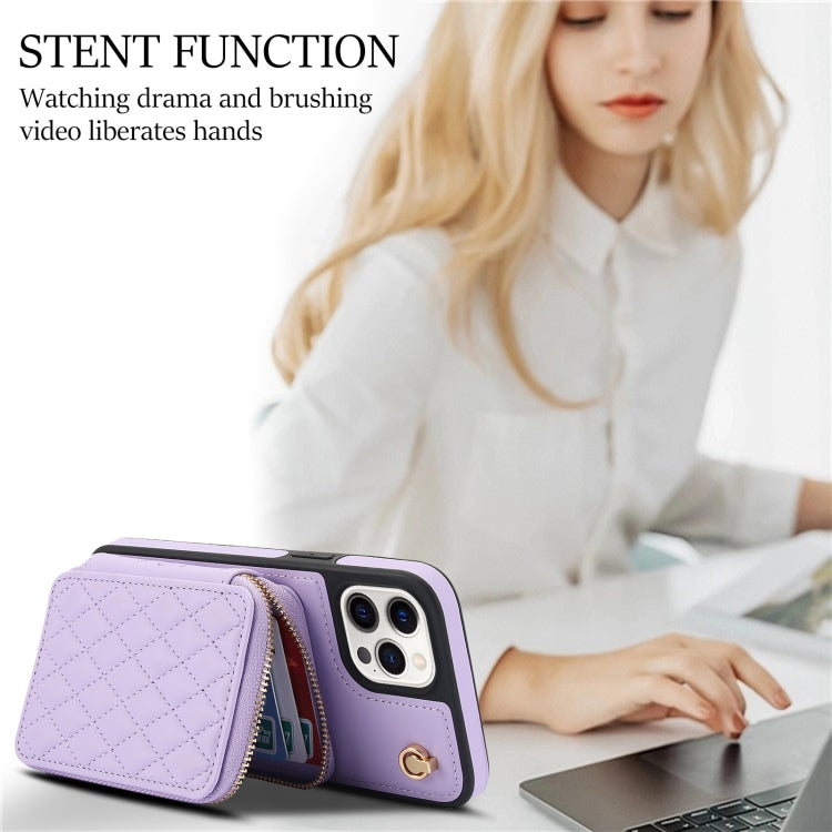 For iPhone 14 Pro Max AwQuer Crossbody Zipper Wallet Rhombic Leather Back Phone Case(Purple) by Awquer