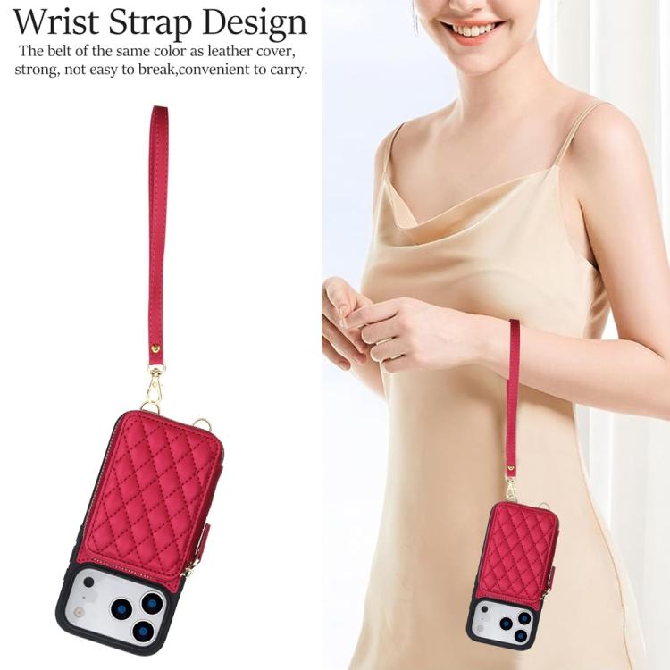 For iPhone 17 Pro Max AwQuer Crossbody Zipper Wallet Rhombic Leather Back Phone Case(Red) by Awquer