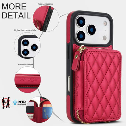 For iPhone 17 Pro Max AwQuer Crossbody Zipper Wallet Rhombic Leather Back Phone Case(Red) by Awquer