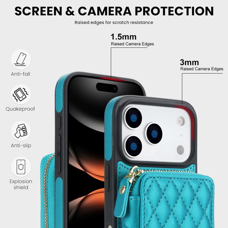 For iPhone 17 Pro Max AwQuer Crossbody Zipper Wallet Rhombic Leather Back Phone Case(Green) by Awquer