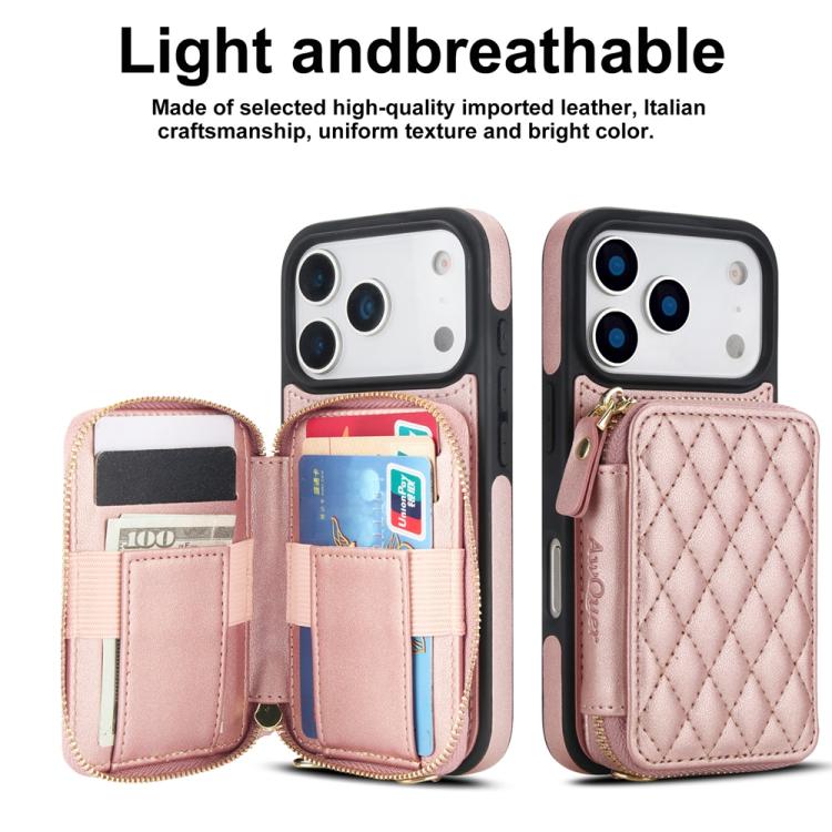 For iPhone 17 Pro Max AwQuer Crossbody Zipper Wallet Rhombic Leather Back Phone Case(Rose Gold) by Awquer