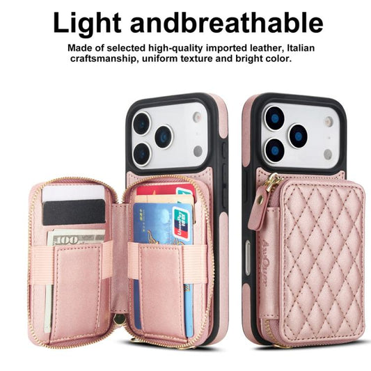 For iPhone 17 Pro Max AwQuer Crossbody Zipper Wallet Rhombic Leather Back Phone Case(Rose Gold) by Awquer
