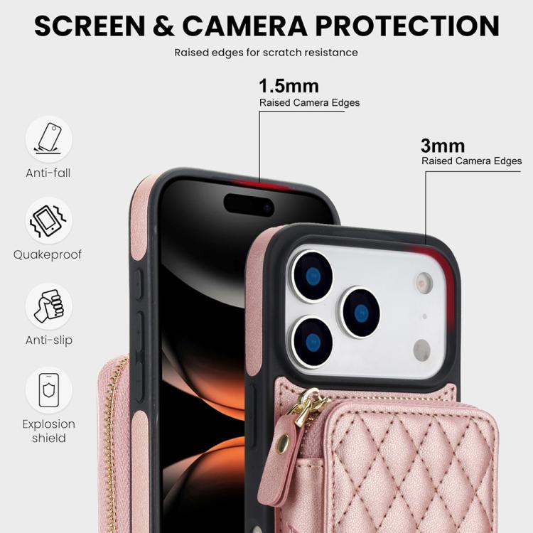 For iPhone 17 Pro Max AwQuer Crossbody Zipper Wallet Rhombic Leather Back Phone Case(Rose Gold) by Awquer