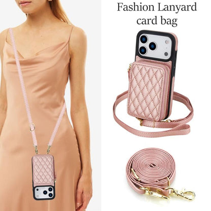 For iPhone 17 Pro Max AwQuer Crossbody Zipper Wallet Rhombic Leather Back Phone Case(Rose Gold) by Awquer