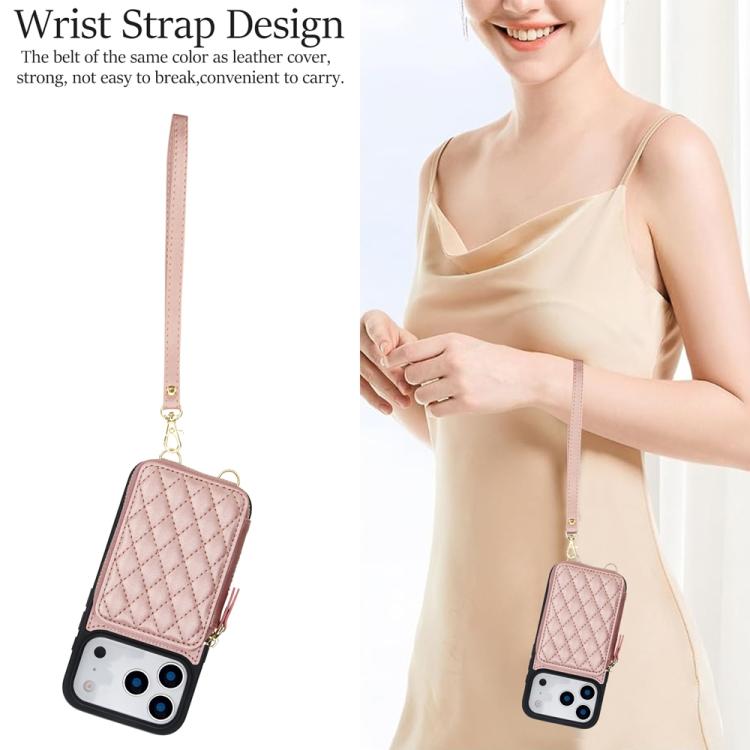 For iPhone 17 Pro Max AwQuer Crossbody Zipper Wallet Rhombic Leather Back Phone Case(Rose Gold) by Awquer