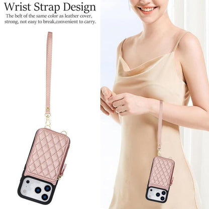 For iPhone 17 Pro Max AwQuer Crossbody Zipper Wallet Rhombic Leather Back Phone Case(Rose Gold) by Awquer