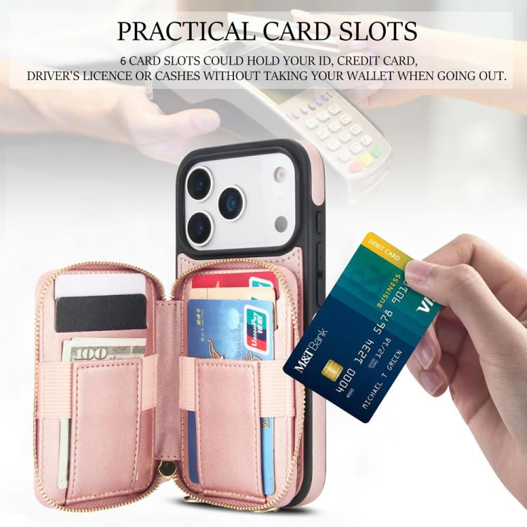 For iPhone 17 Pro Max AwQuer Crossbody Zipper Wallet Rhombic Leather Back Phone Case(Rose Gold) by Awquer