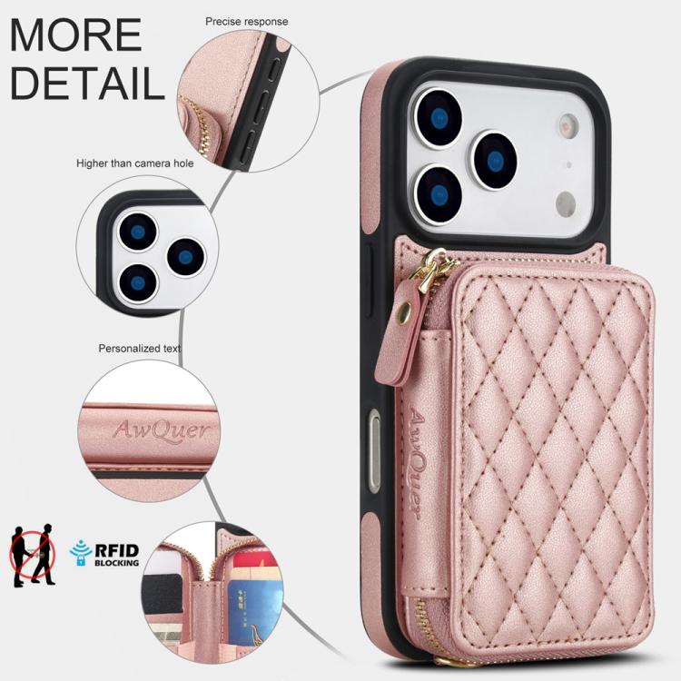 For iPhone 17 Pro Max AwQuer Crossbody Zipper Wallet Rhombic Leather Back Phone Case(Rose Gold) by Awquer