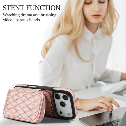 For iPhone 17 Pro Max AwQuer Crossbody Zipper Wallet Rhombic Leather Back Phone Case(Rose Gold) by Awquer