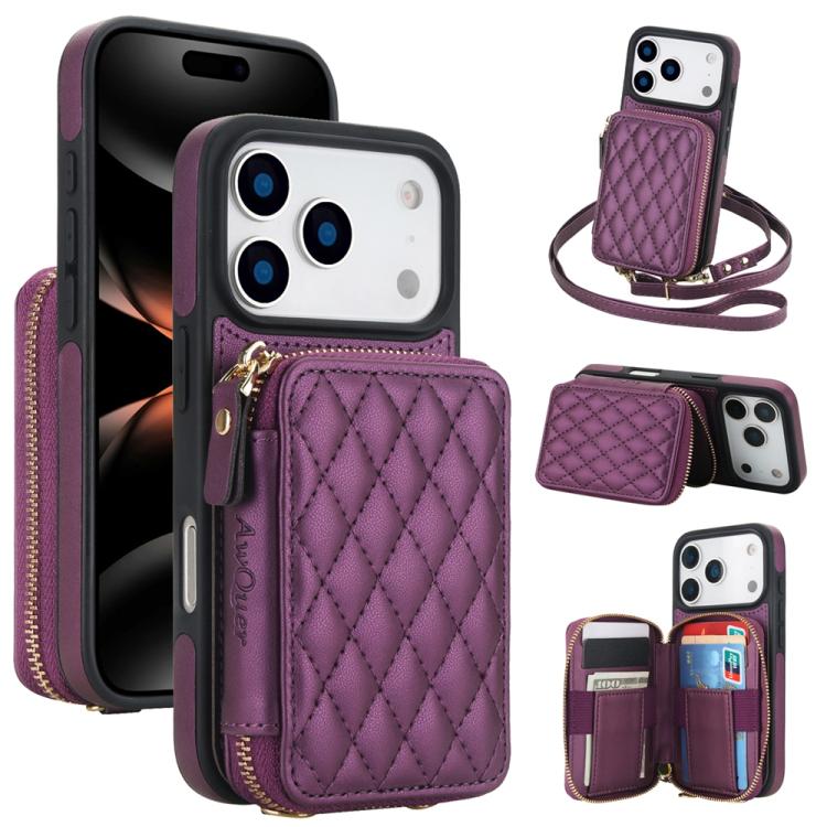 For iPhone 17 Pro Max AwQuer Crossbody Zipper Wallet Rhombic Leather Back Phone Case(Dark Purple) by Awquer