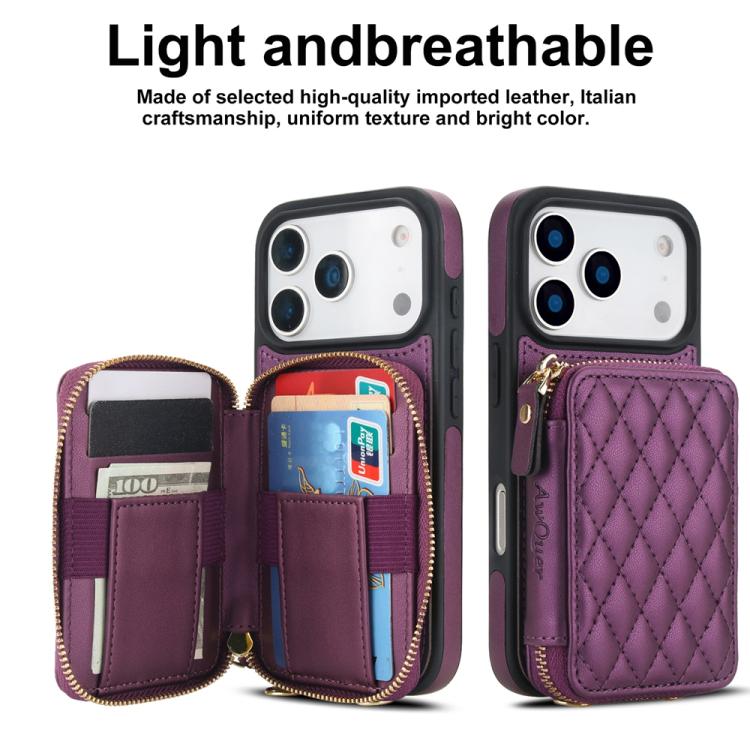 For iPhone 17 Pro Max AwQuer Crossbody Zipper Wallet Rhombic Leather Back Phone Case(Dark Purple) by Awquer