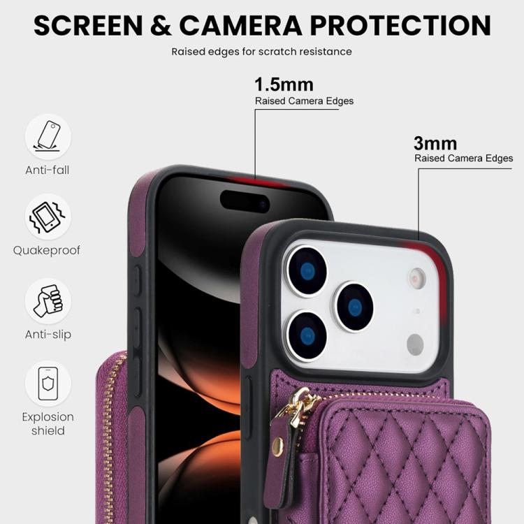 For iPhone 17 Pro Max AwQuer Crossbody Zipper Wallet Rhombic Leather Back Phone Case(Dark Purple) by Awquer
