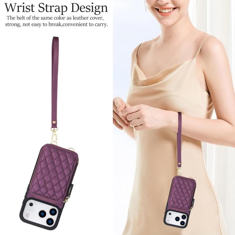 For iPhone 17 Pro Max AwQuer Crossbody Zipper Wallet Rhombic Leather Back Phone Case(Dark Purple) by Awquer