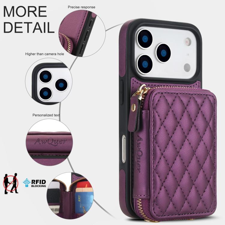 For iPhone 17 Pro Max AwQuer Crossbody Zipper Wallet Rhombic Leather Back Phone Case(Dark Purple) by Awquer