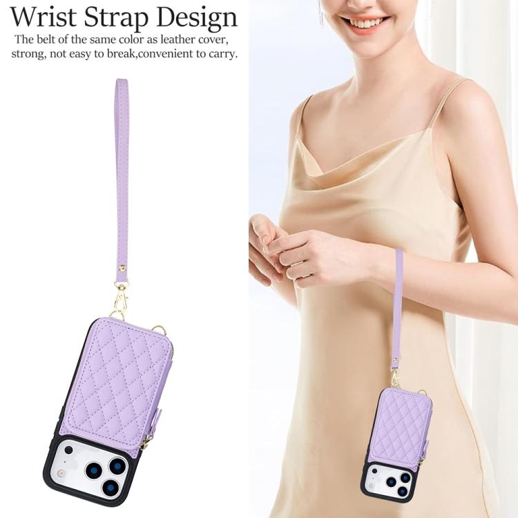 For iPhone 17 Pro Max AwQuer Crossbody Zipper Wallet Rhombic Leather Back Phone Case(Purple) by Awquer